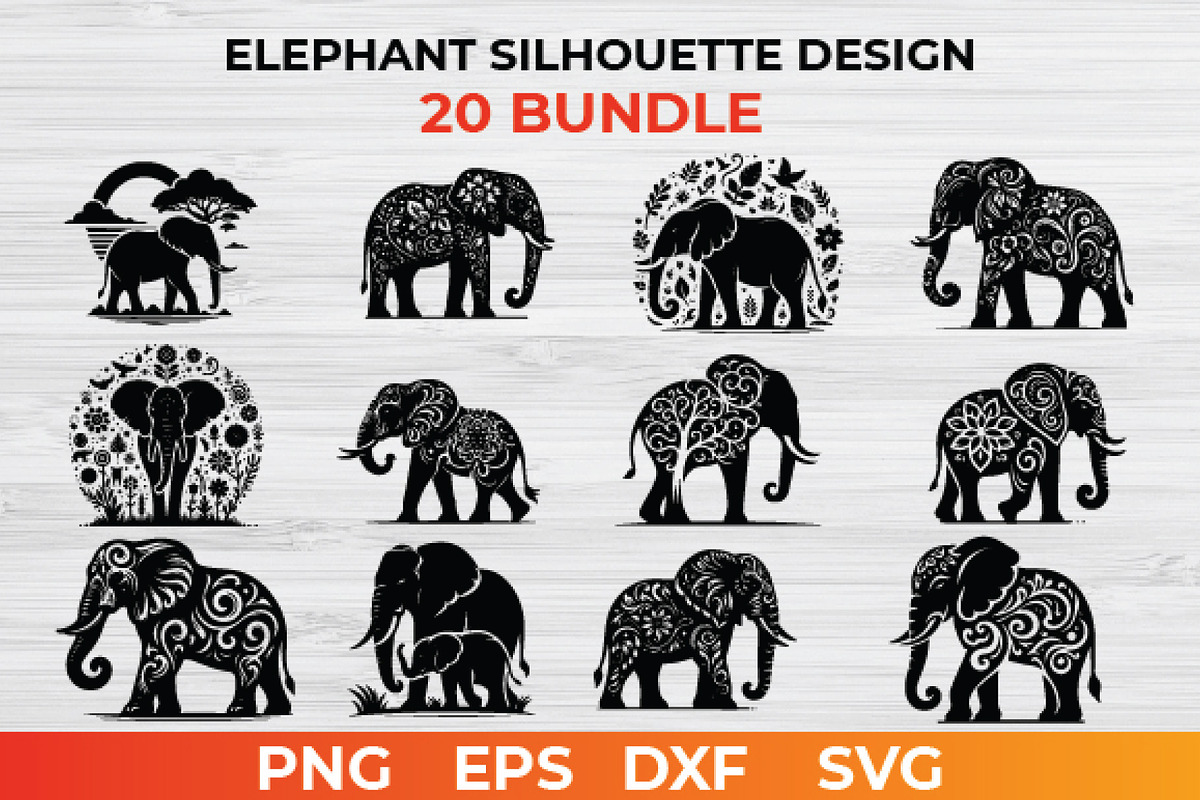 Elephant Silhouette Design bundle, an Animal Illustration by bossdesigner (Photo 1 of 3)