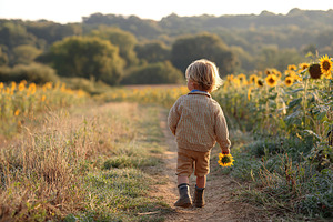 Quiet rural sunflower field stroll in early morning sunlight with a child holdi, a Person Photo by AlyaAnd