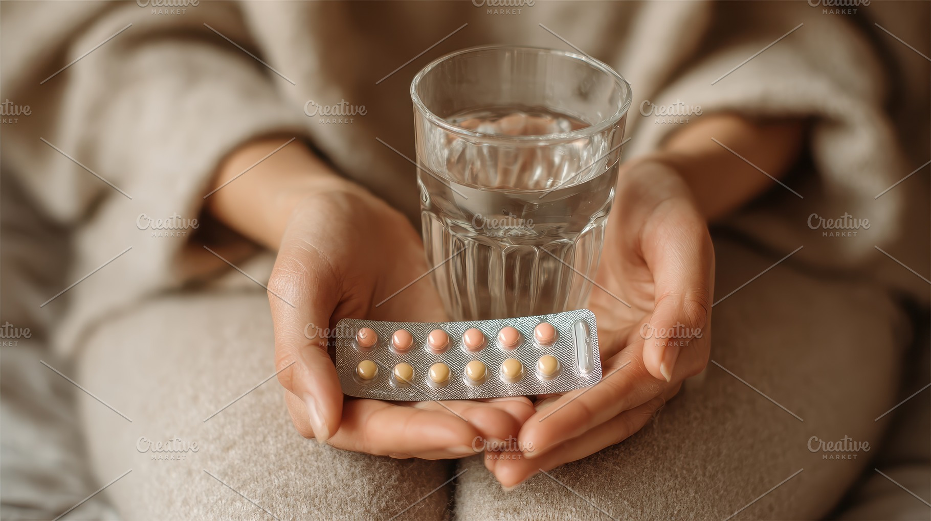 Woman holding pills and water health, a Photo by Pixeness Studio