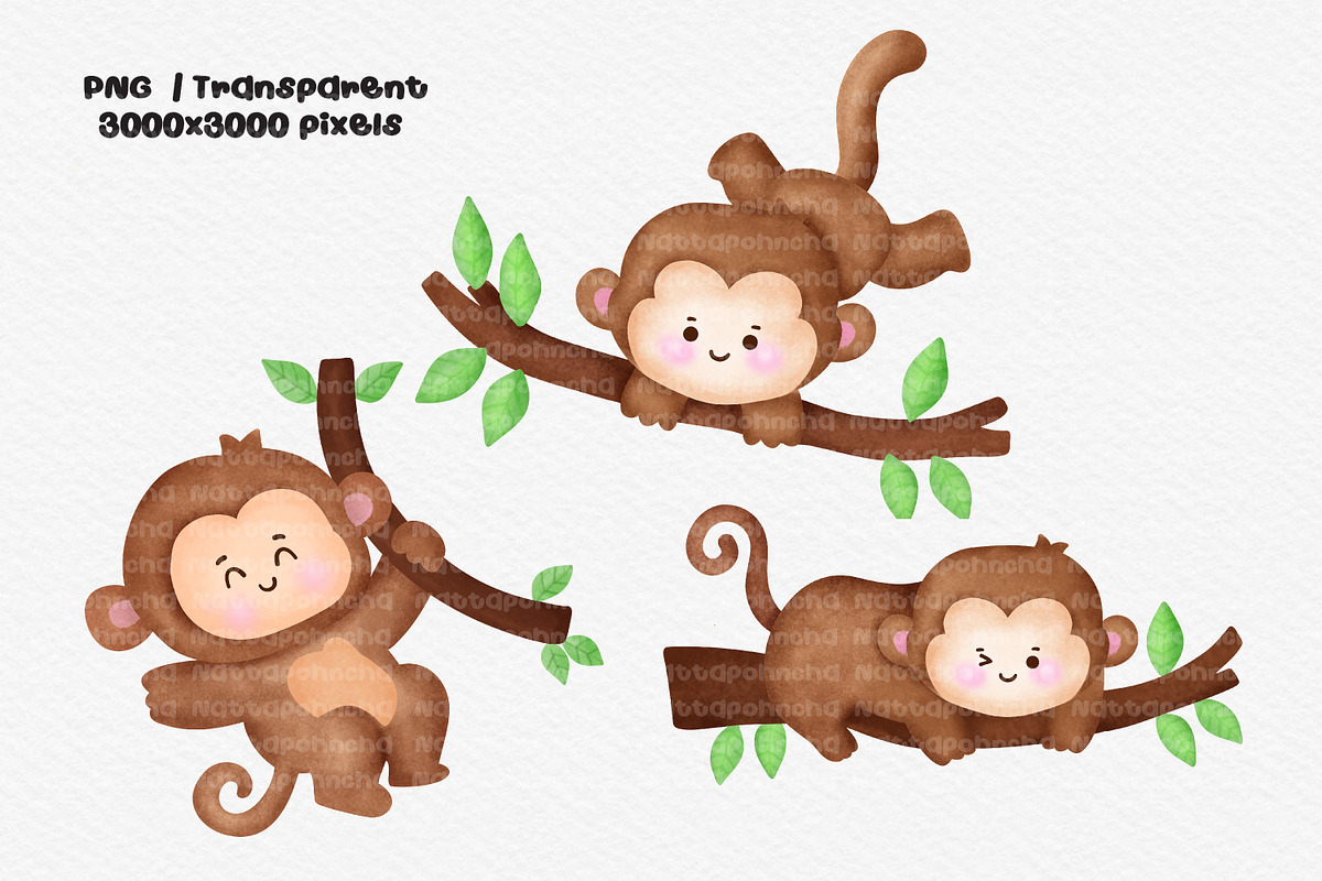 Watercolor Cute Monkey PNG Bundle, an Animal Illustration by Nattapohncha (Photo 2 of 4)