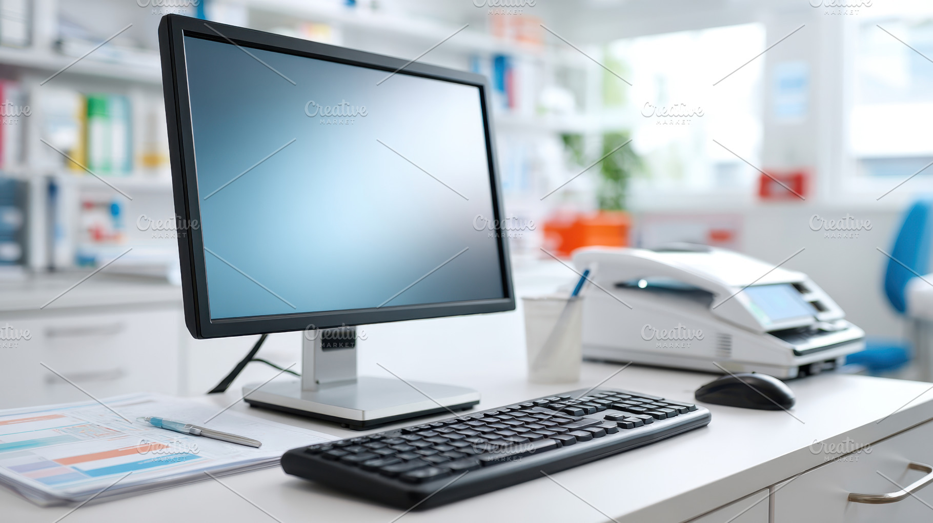 Modern office workspace with computer and printer, a Technology Photo by AlyaAnd