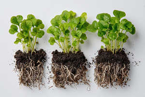 Three green seedlings with roots soi, a Photo by Pixeness Studio