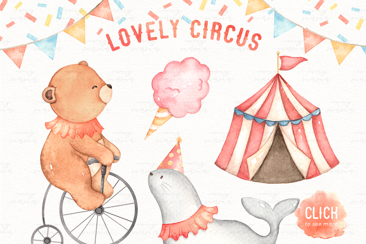 Lovely Circus Watercolor Clip Arts, an Animal Illustration by everysunsun