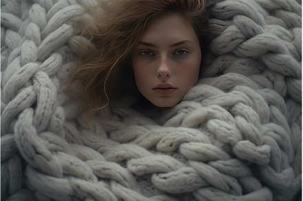Woman wrapped in large big knitted, a Person Photo by Ylivdesign