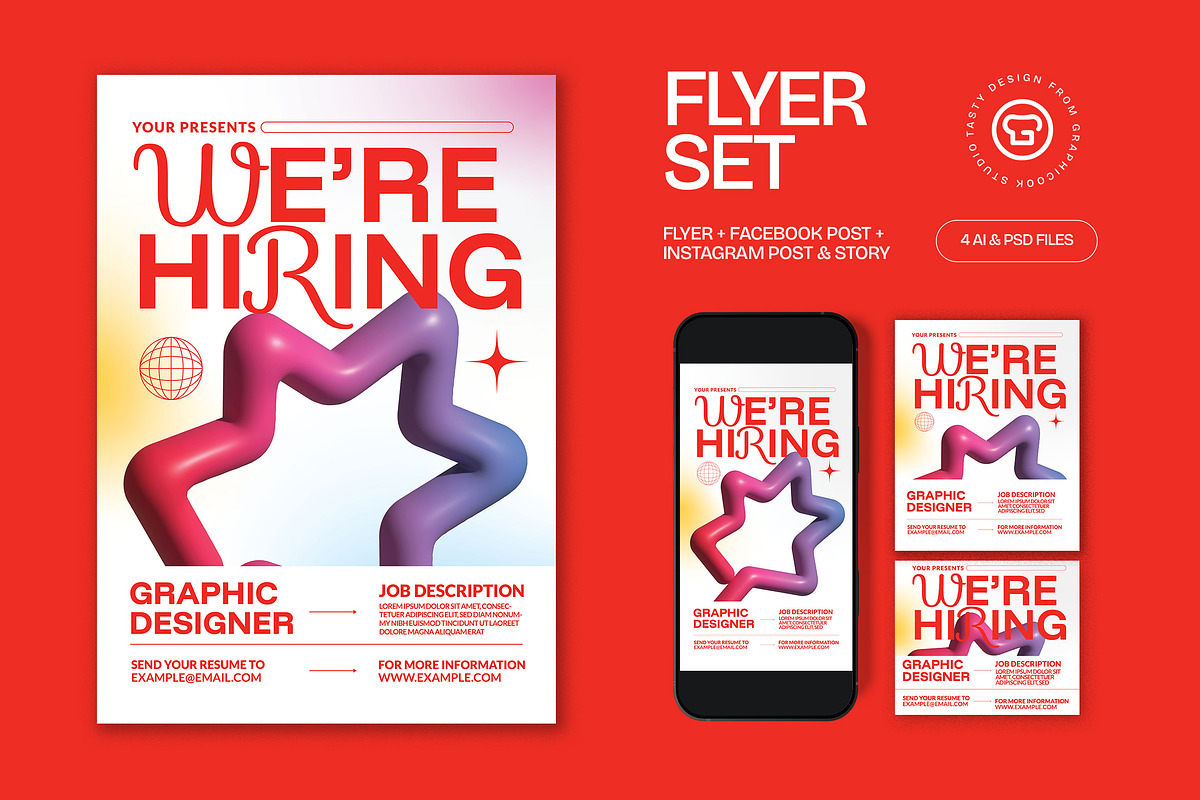 White Red We're Hiring Flyer Set, a Flyer Template by graphicook (Photo 1 of 3)
