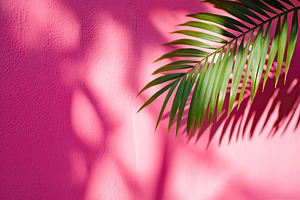 Palm leaves cast shadows on vibrant pink wall enhancing tropical ambiance, a Nature Photo by AlyaAnd