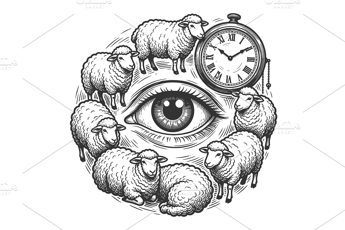 Sheep Clock And Watching Eye Symbol, an Animal Illustration by AlexArt