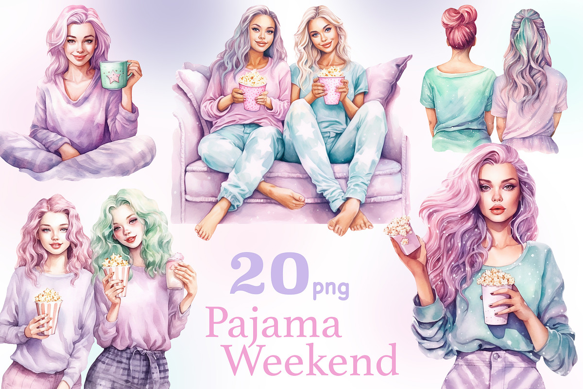 Pajama Party Girls Clipart Lazy Day, a Person Illustration by GlamArtZhanna (Photo 1 of 5)