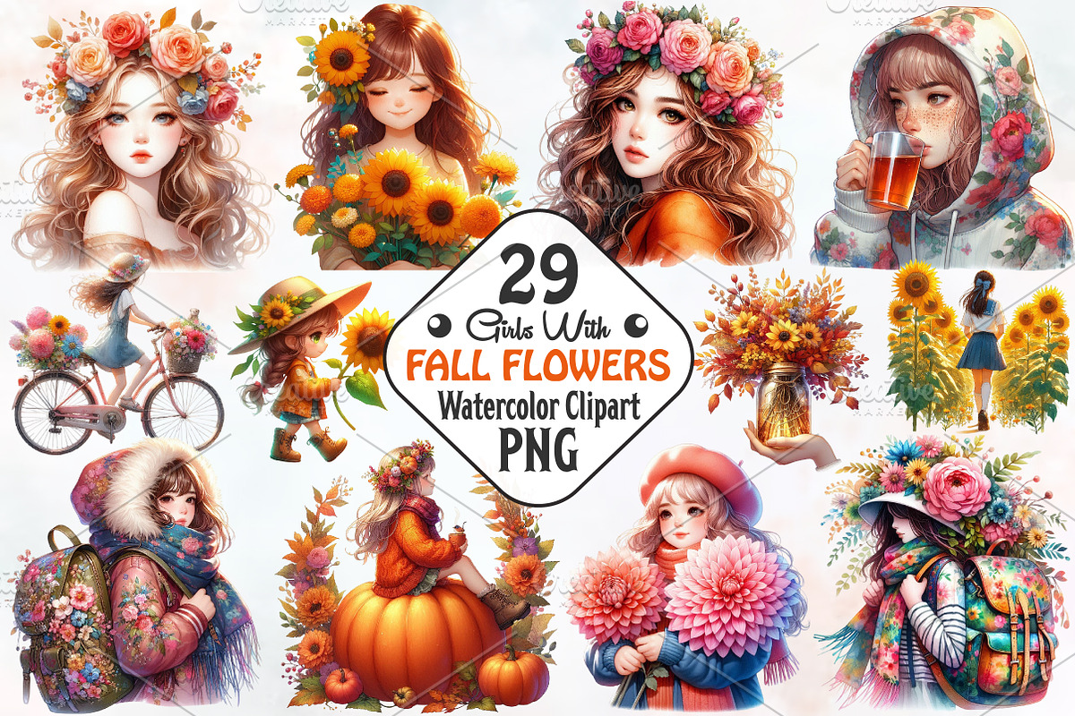 Girls with Fall Flowers Clipart, an Illustration by RobertsArt (Photo 1 of 7)
