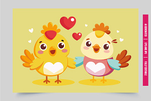 Two chickens hold hands hearts, an Illustration by Tanuart