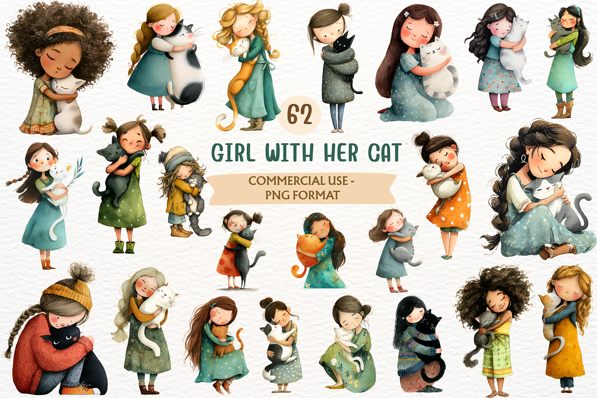 Girl with Cat Watercolor Clipart PNG, an Animal Illustration by SugarCloudStudioArt (Photo 1 of 5)