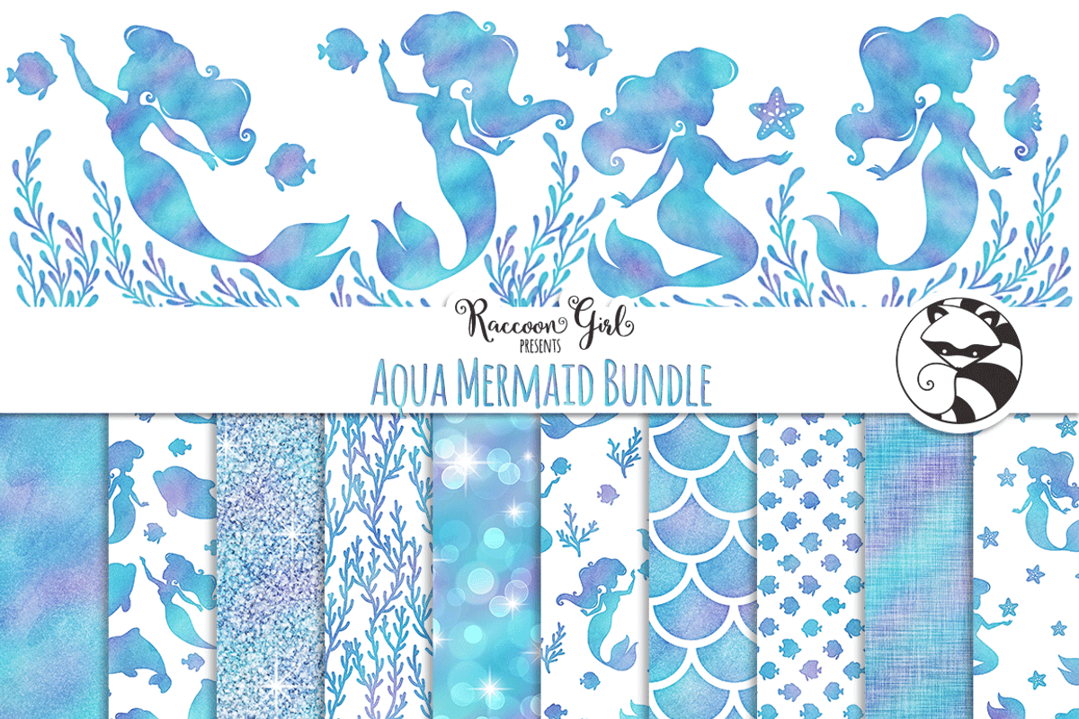 Aqua Mermaid Bundle Set, a Pattern Graphic by RaccoonGirl Design (Photo 1 of 2)