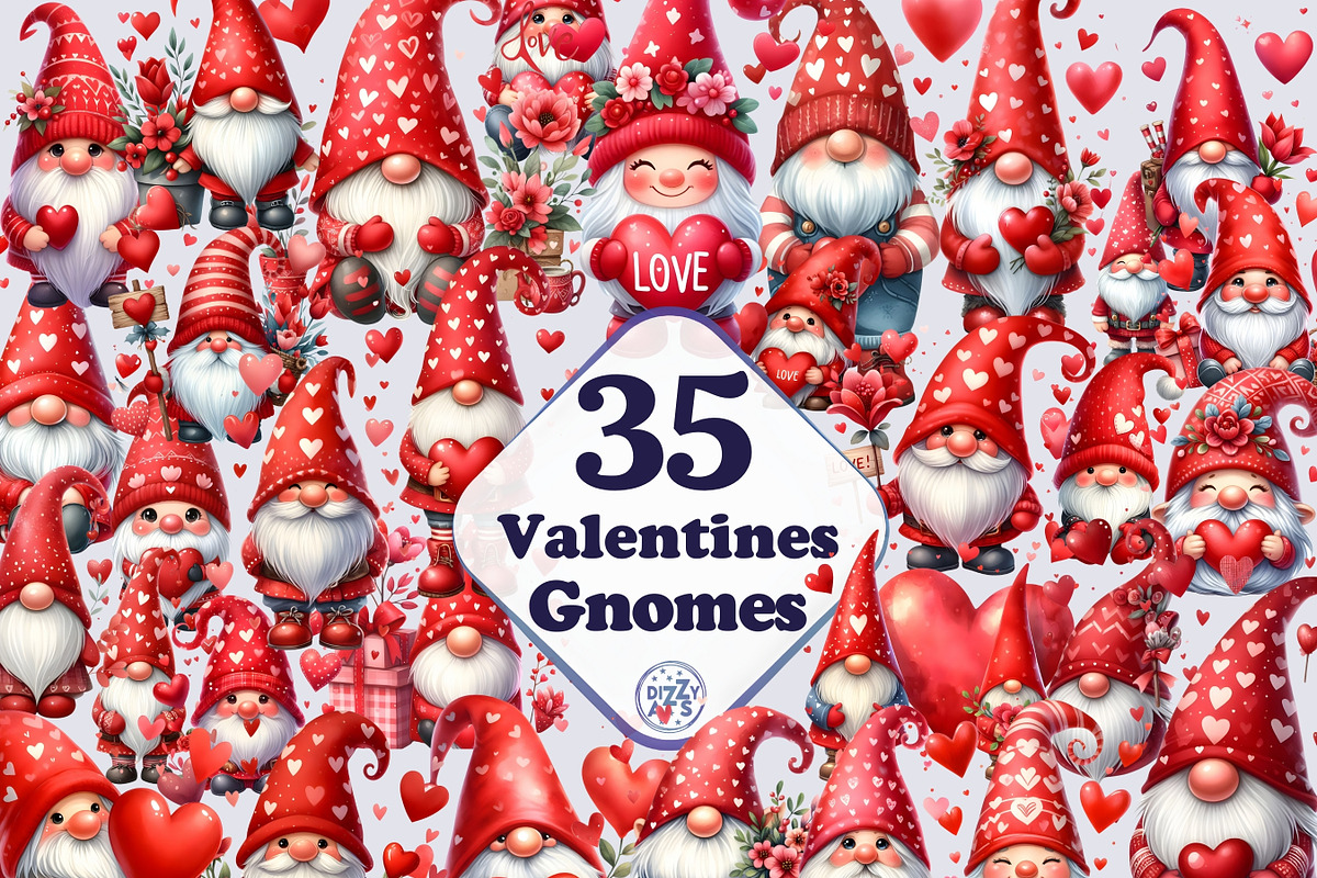 Watercolor Valentine Gnome Cliparts, a Seasonal Illustration by Dizzy Art Studio (Photo 1 of 6)