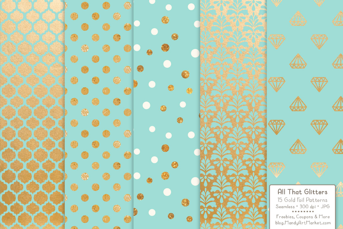 Aqua Gold Foil Digital Papers, a Pattern Graphic by Amanda Ilkov (Photo 3 of 4)