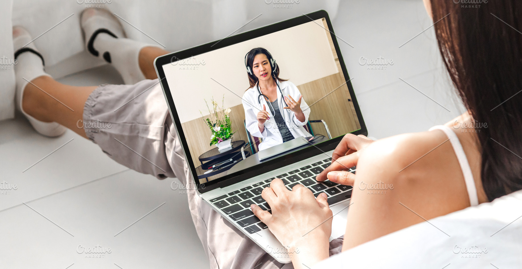 Woman talk speak using laptop computer and video conference onli, a Person Photo by Art_Photo