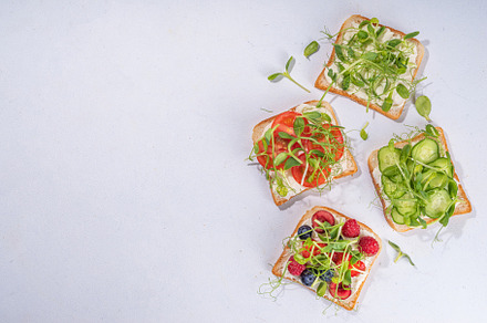 Vegetable and fruit microgreen sandwiches, a Food & Drink Photo by Rimma