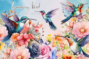 Watercolor Humming Bird Flowers