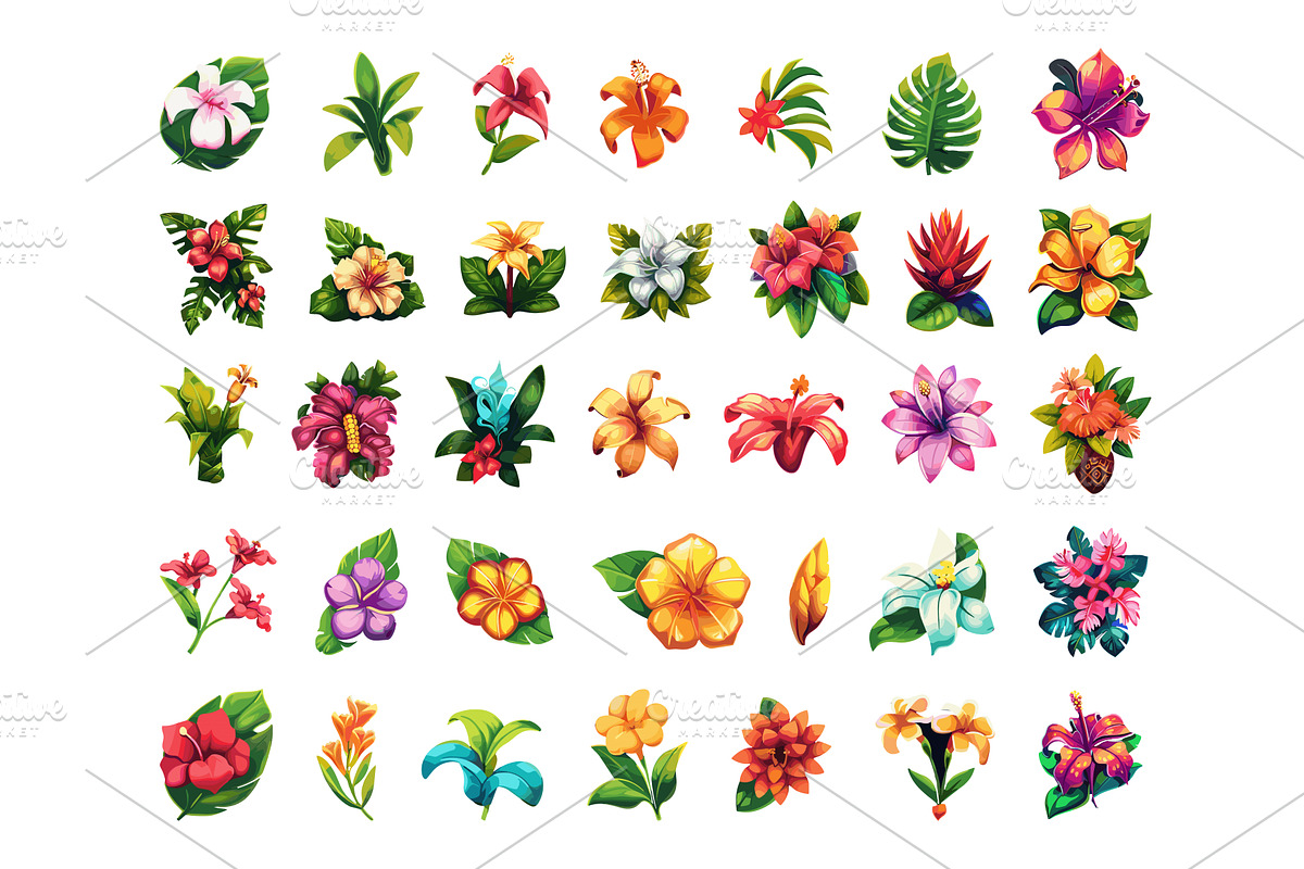 Tropical Flowers Icon Set Simple, an Object Illustration by LadadikArt