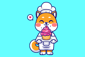 Cute Chef Shiba Inu Dog Cooking Cake, an Animal Illustration by Catalyst Labs