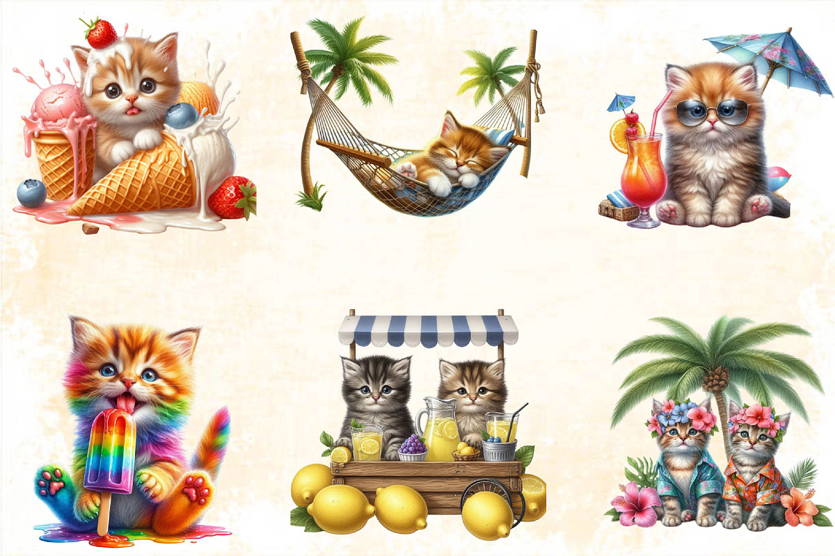 Watercolor Cute Summer Kittens Clip, an Illustration by SVGArt (Photo 8 of 8)