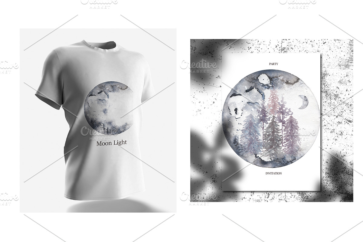 Watercolor Forest Moon Set, a Decorative Illustration by MayaNavits (Photo 3 of 4)