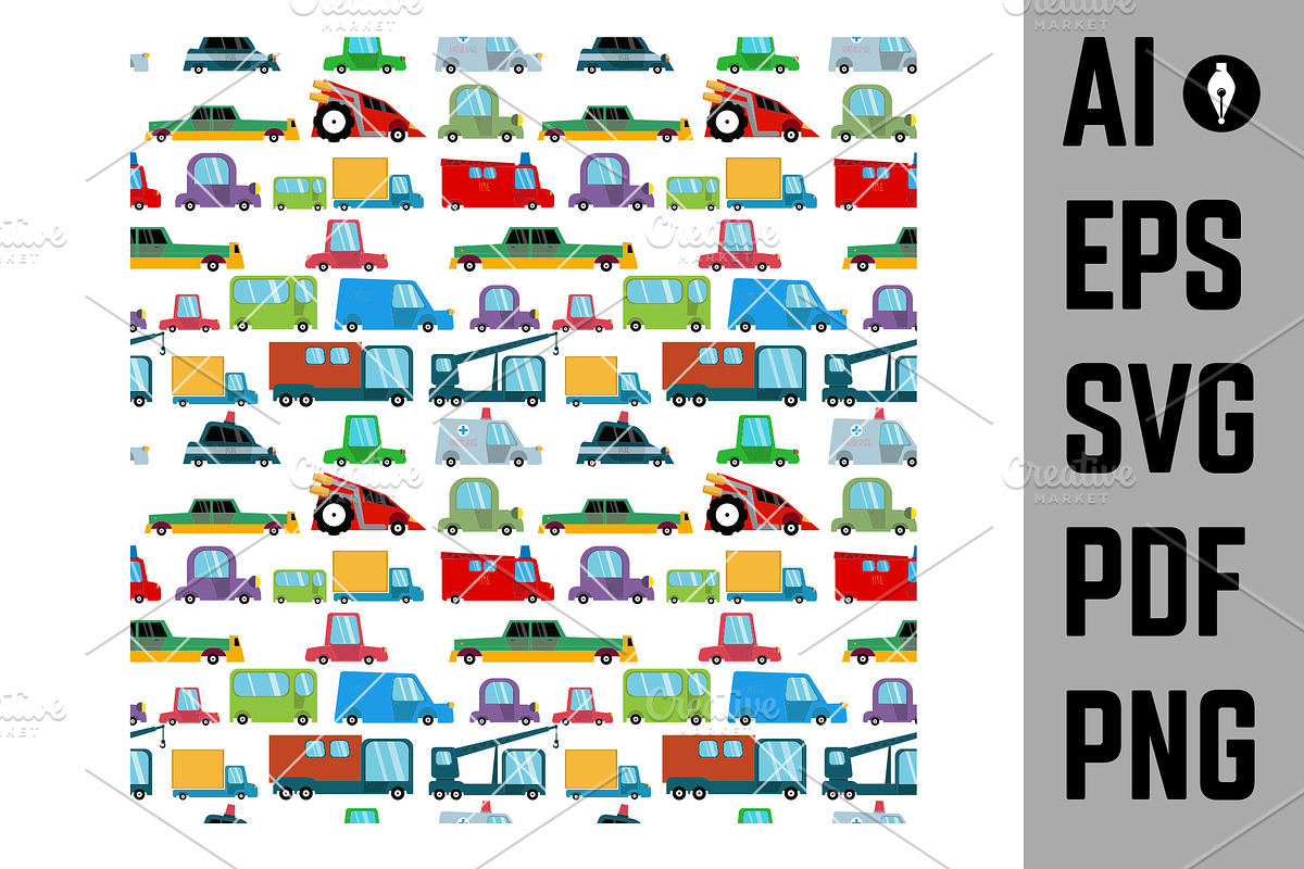Seamless pattern with cartoon cars., a Pattern Graphic by Vectorhight