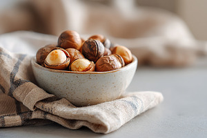 Freshly prepared eggs in a small bowl on a textured cloth in a cozy kitchen set, a Food & Drink Photo by AlyaAnd
