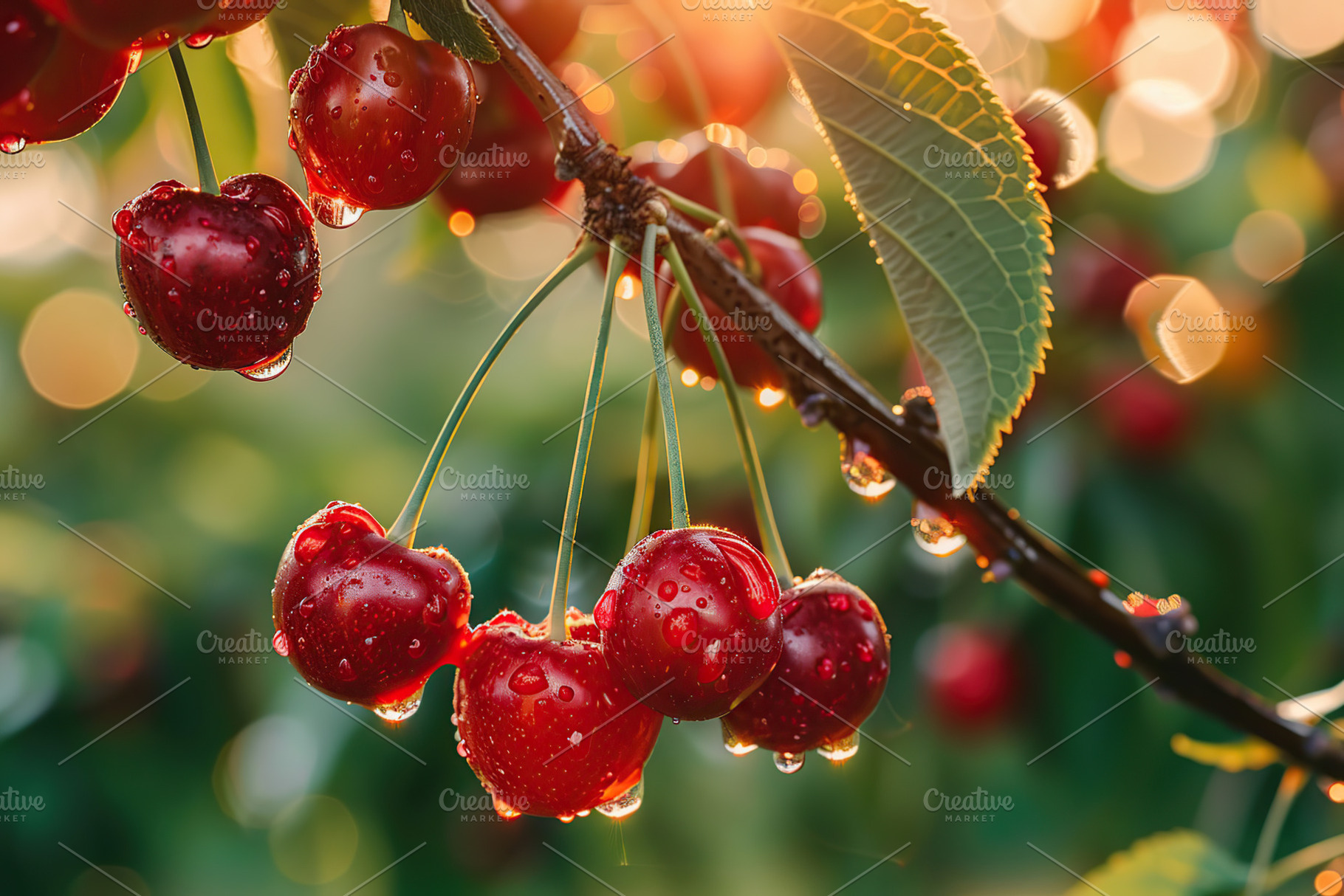 Fresh cherries hanging on tree branch on blurred green backgroun, a Food & Drink Photo by AlyaAnd