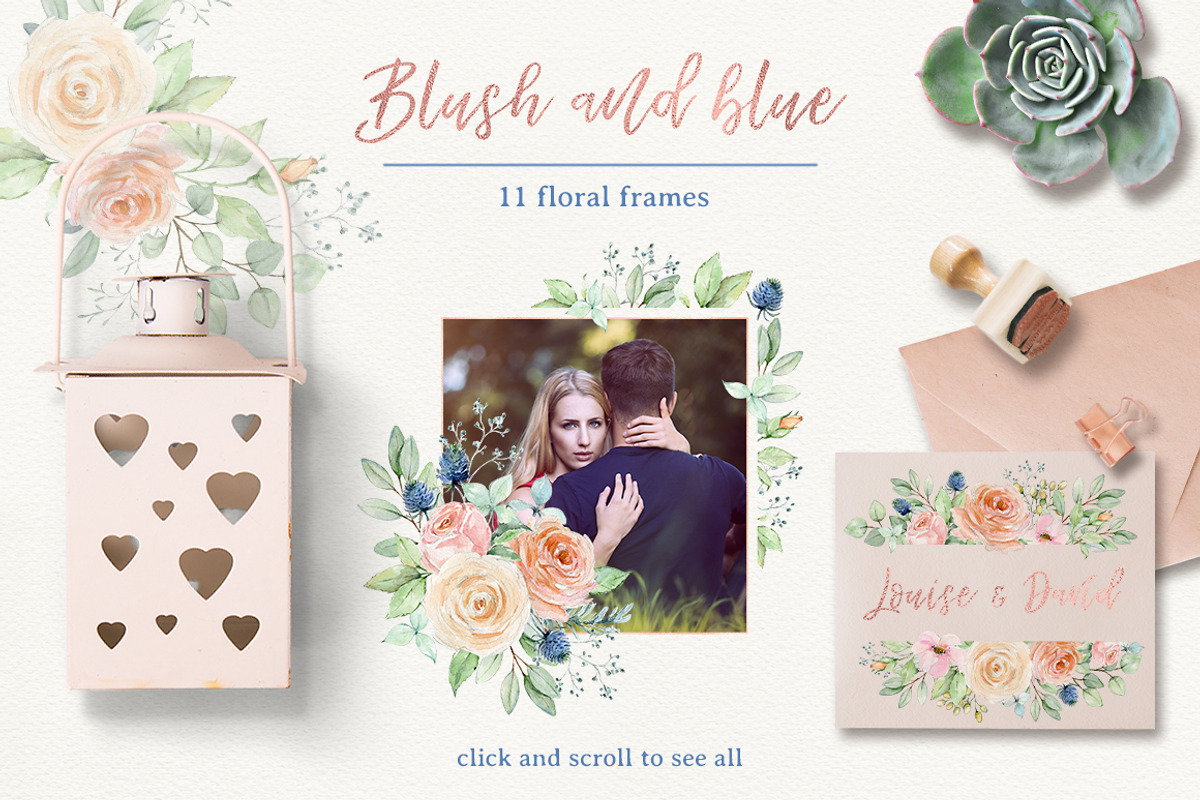 Blush and blue - watercolor clipart, a Decorative Illustration by long summer (Photo 3 of 8)