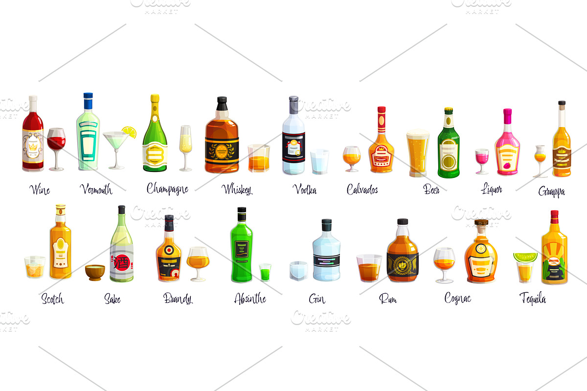 Cartoon alcohol drink bottles, a Food Illustration by Vector Tradition