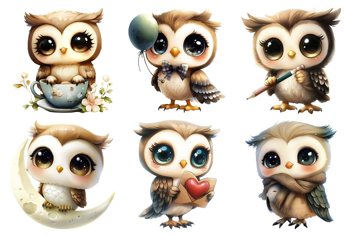 Watercolor Kawaii Owl Clipart, an Illustration by Daily.Designs (Photo 4 of 5)