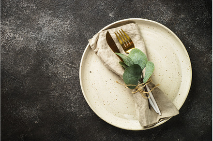 White craft plate, cutlery and green, a Food & Drink Photo by Nadia-nb