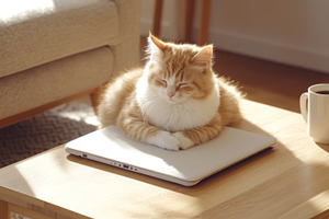 Kitten napping on laptop in cozy liv, a Photo by Dvoevnore photos