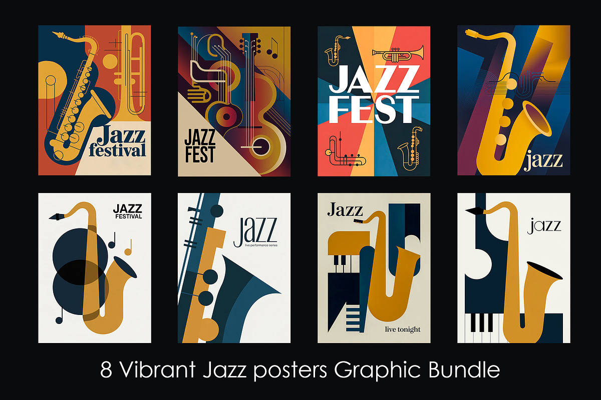 8 Vibrant Jazz posters Bundle, a Decorative Illustration by StockVerse Creative (Photo 1 of 9)