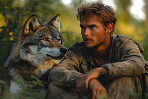 Two friends man and a wolf sitting together in the forest, a Person Photo by AlyaAnd