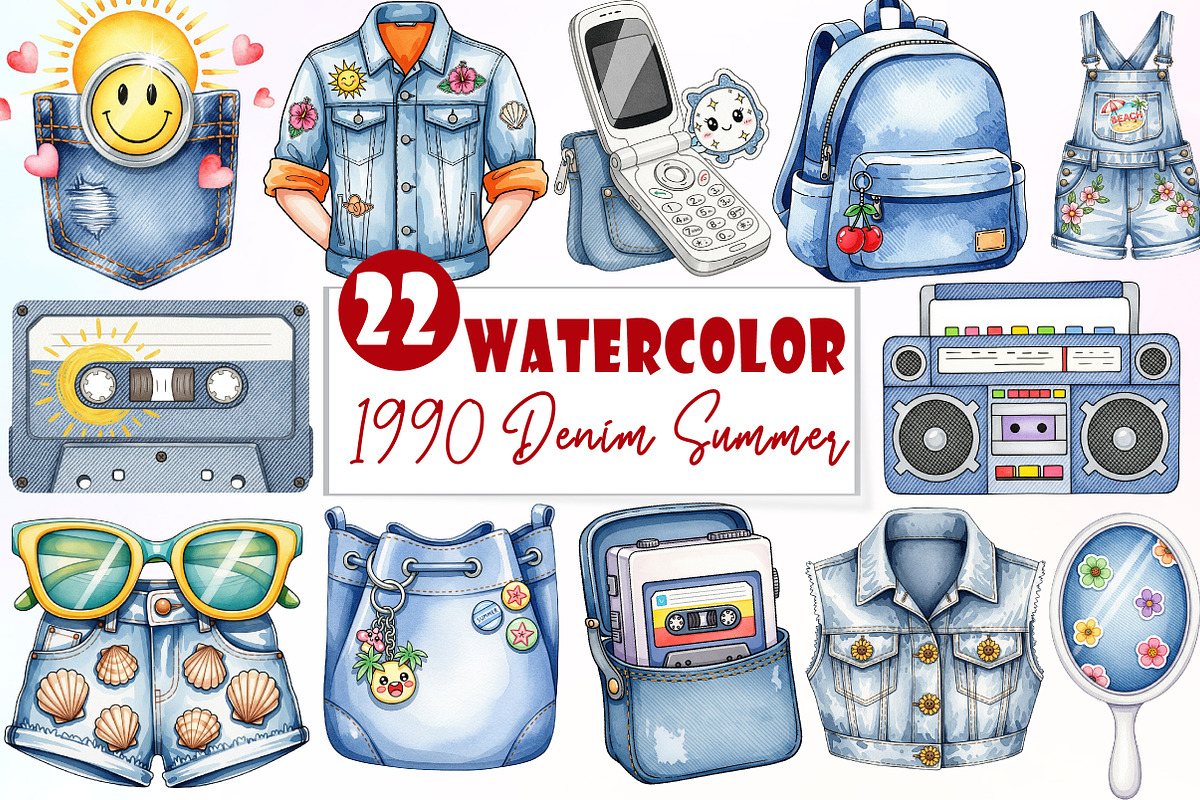 1990 Denim Summer Clipart, an Illustration by Watercolor design (Photo 1 of 6)
