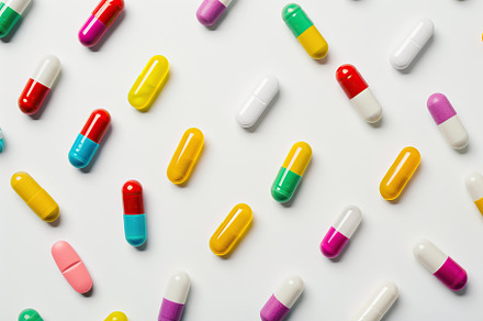 Colorful medicine pills on white background, a Health & Medical Photo by AlyaAnd