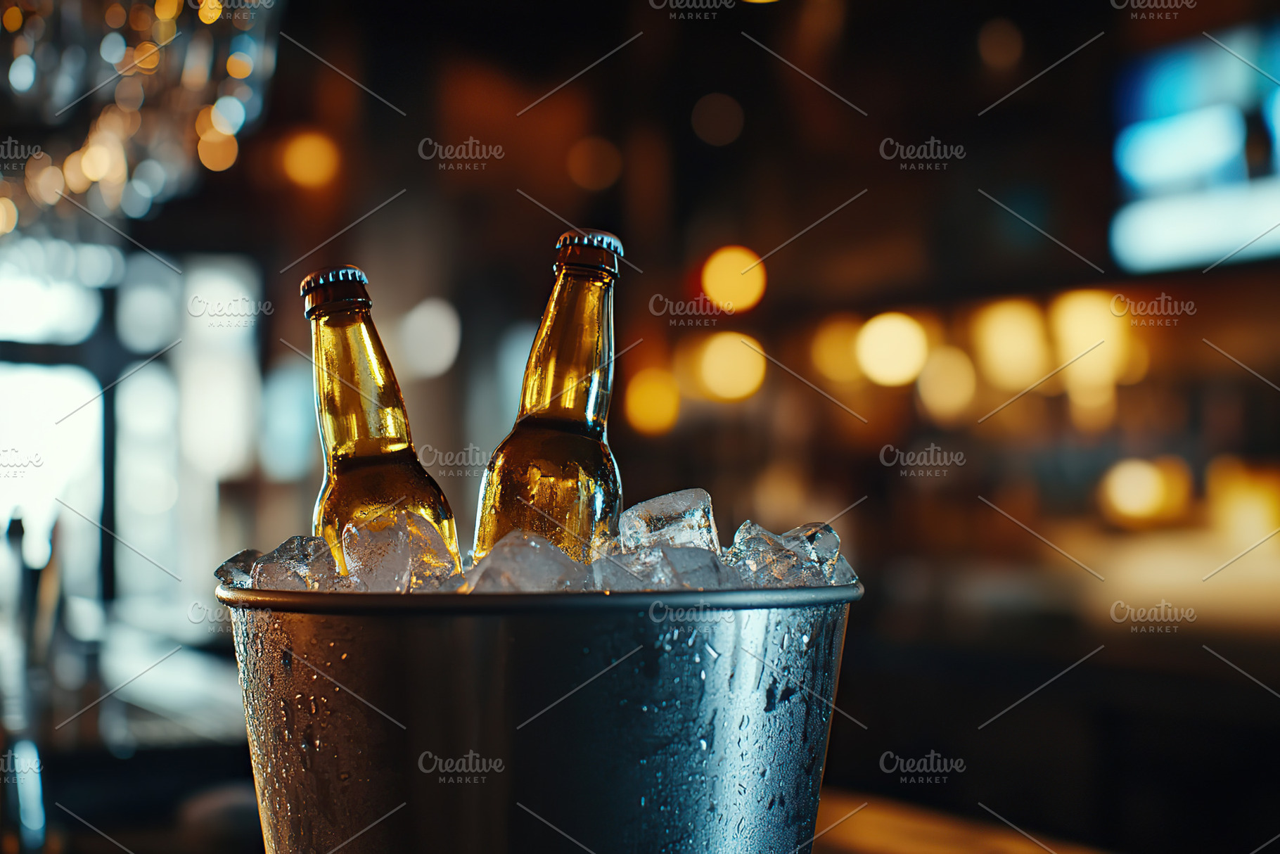 Ice bucket with beer bottles on bar background, a Food & Drink Photo by AlyaAnd