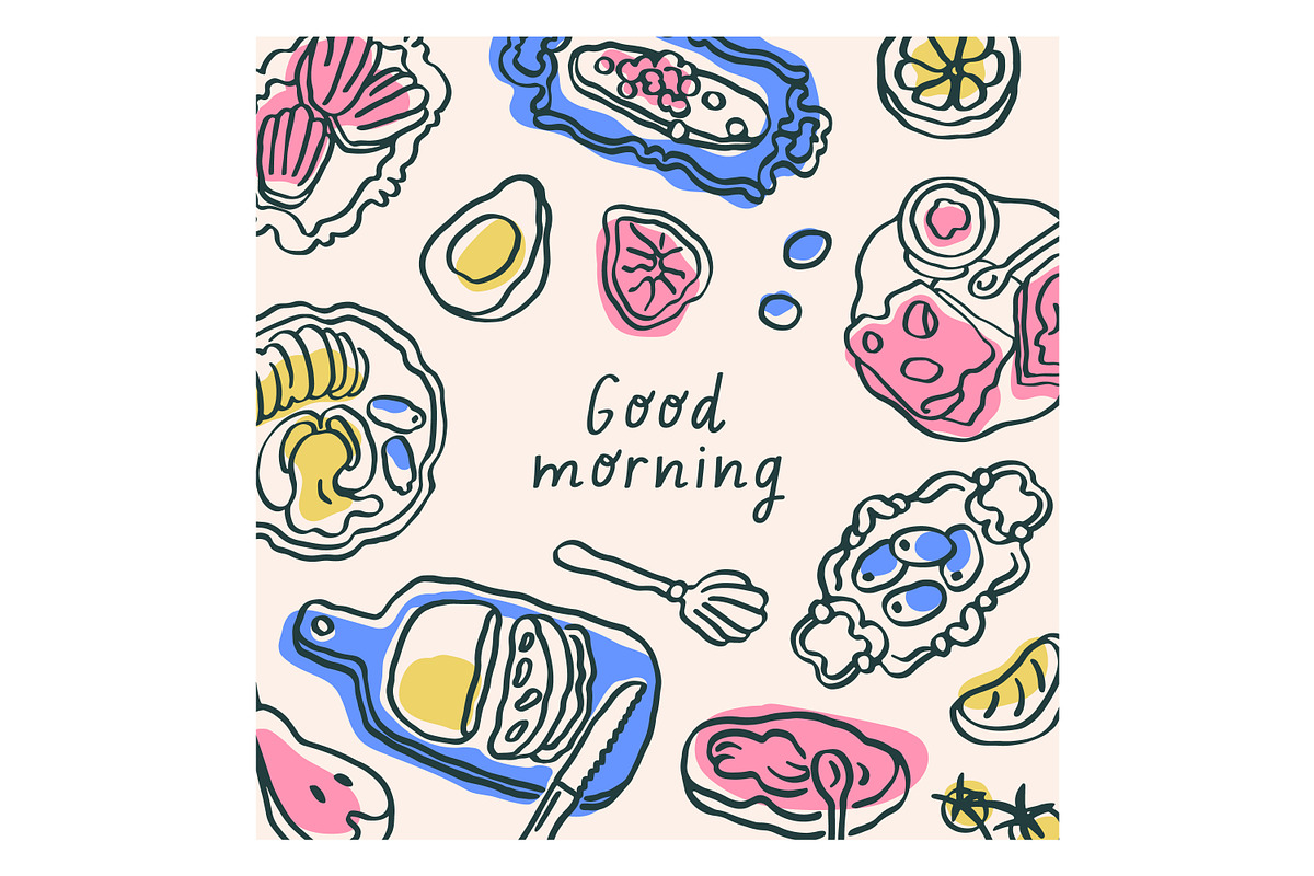 Doodle morning, breakfast food cards, a Food Illustration by Good Studio (Photo 2 of 6)