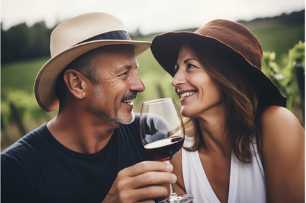 Couple enjoying wine outdoor, a Person Photo by Ylivdesign
