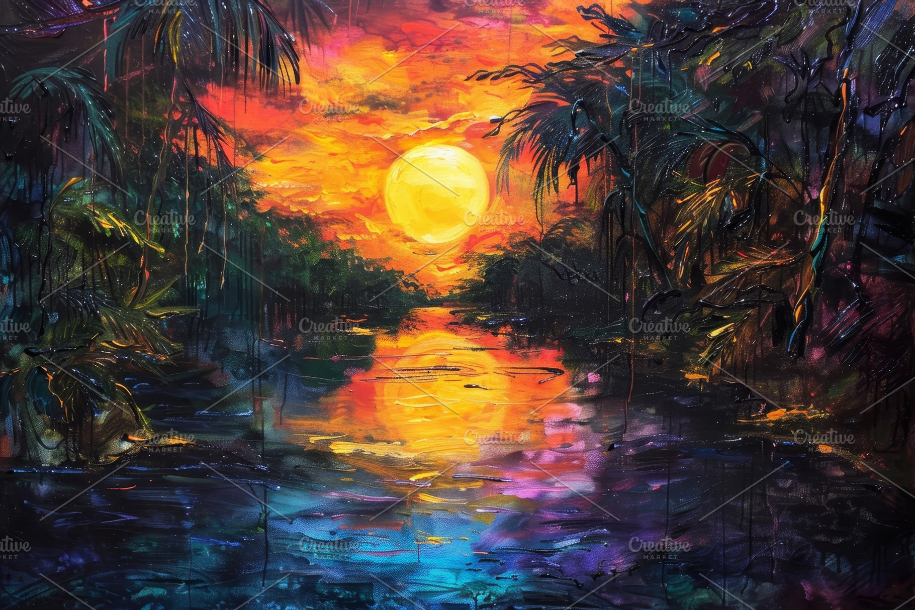 The sun sets over a calm river, cast, a Photo by Tanuart