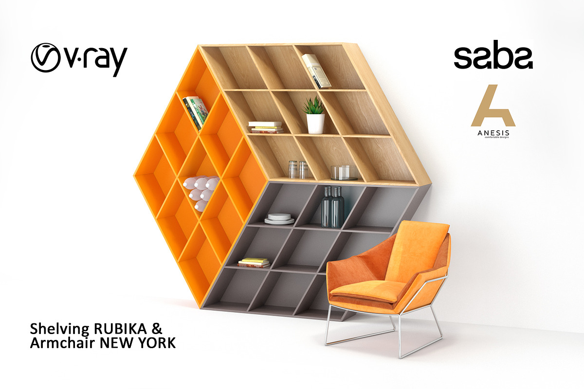 Shelving RUBIKA & armchair NEW YORK, a Furniture 3D Model by Vista 3d (Photo 1 of 6)