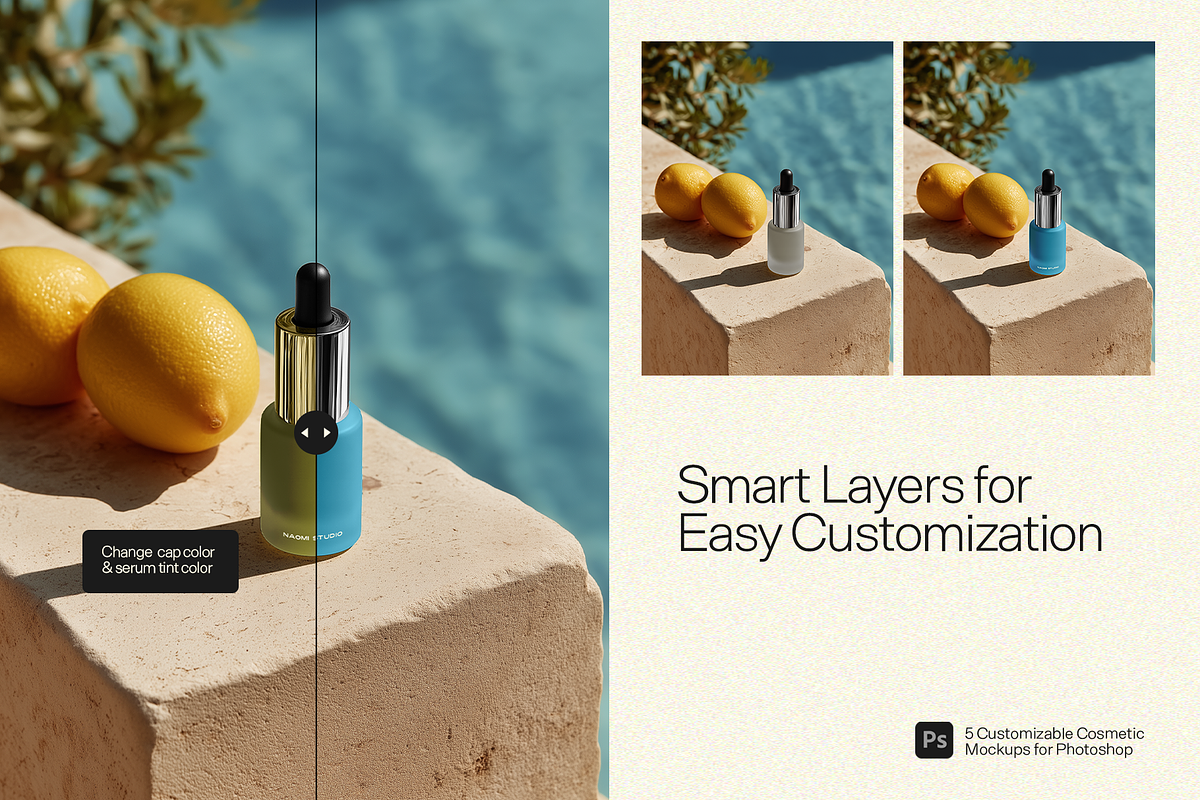 5 Poolside Cosmetic Bottle Mockups, a Packaging Mockup by Frills Images (Photo 7 of 7)