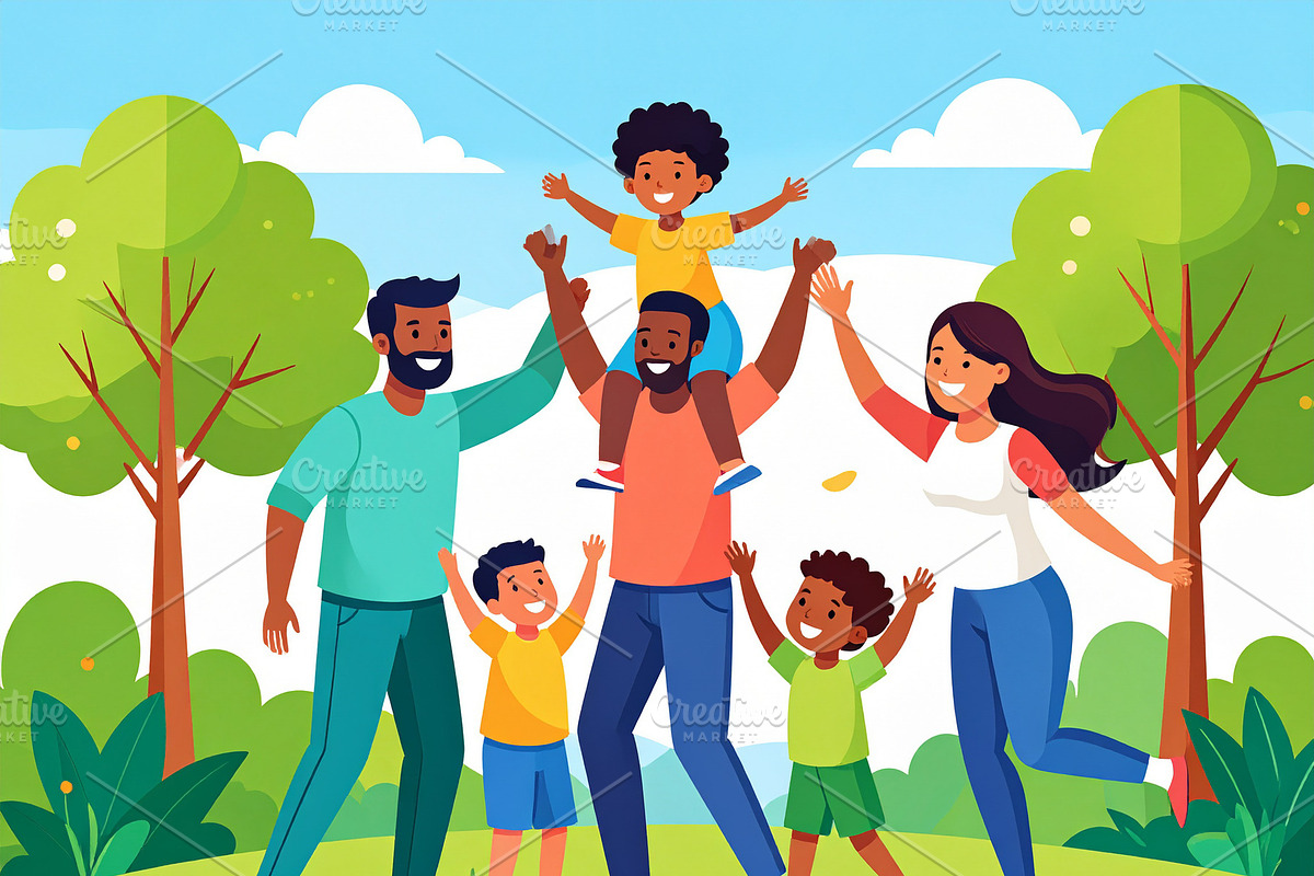 llustration of a diverse family playing together in a park, a Person Illustration by DanFLCreativo