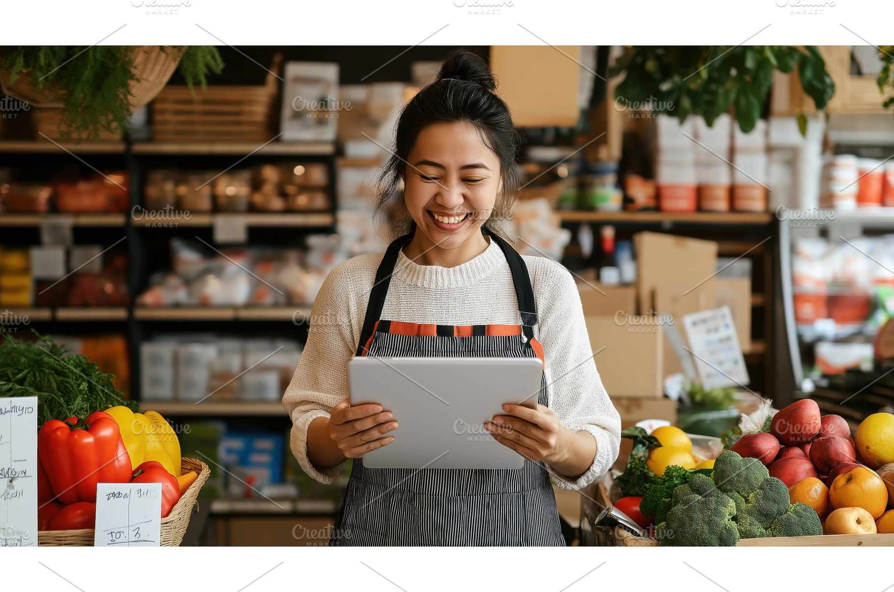 Asian female shopkeeper using a, a Food & Drink Photo by Sergey Kotenev