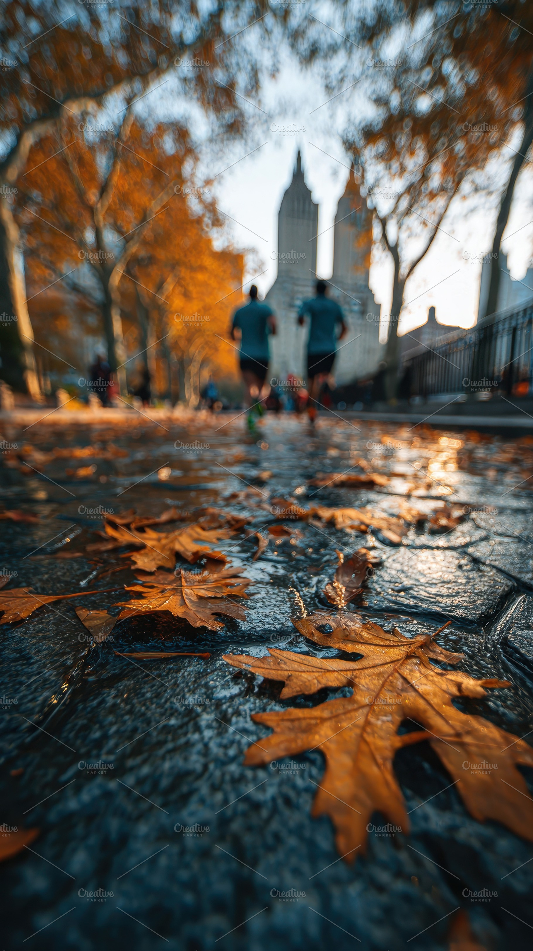 Runners in Autumn Park Fall Leaves W, a Photo by Pixeness Studio