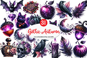 Black & Purple Gothic Autumn Clipart, an Illustration by Watercolor design