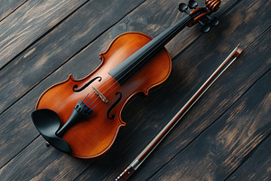Violin and violin bow on wooden background, an Arts & Entertainment Photo by AlyaAnd