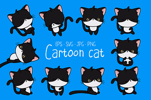 Set of Cute Black Cat Illustrations