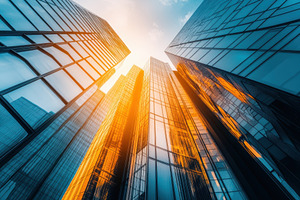 Modern skyscraper reflecting sunligh, a Photo by Iftikhar Alam